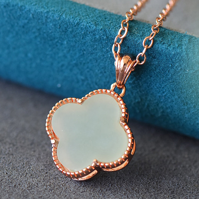 Four-leaf clover rose gold necklace, natural Hetian jade lucky clover pendant necklace, holiday gift and present for relatives and friends.