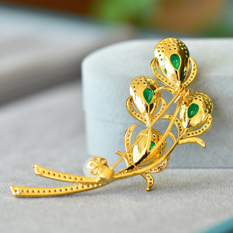 Emerald Phoenix Feather Brooch | Zircon-Inlaid Hetian White Jade Gilded Peacock Corsage: Exuding Nobility and Luxury