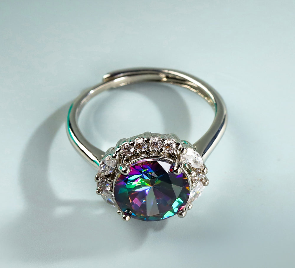 Iridescent Round Gemstone Open Silver Ring – Rainbow Refraction & Zircon Inlay – Adjustable Band – Includes Exquisite Gift Box