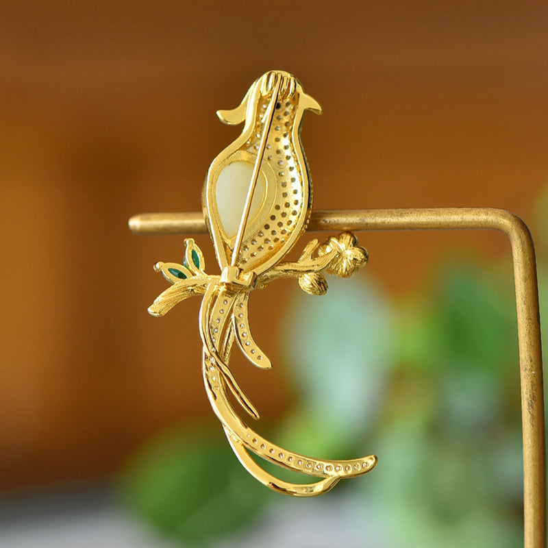 Bird and Fence Brooch in Hetian White Jade | Enamel Floral Corsage with Zircon Gold Plating and Bright, Natural Colors