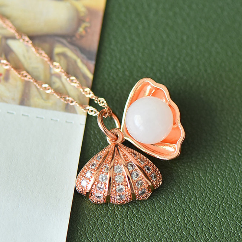 Rose Gold Shell and Hetian Jade Necklace – Featuring Zircon Accents Set Along the Shell; The Perfect Gift for Yourself or a Loved One.