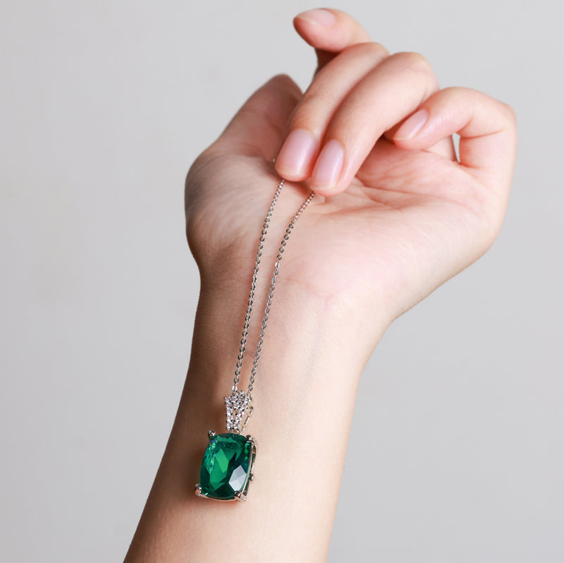Emerald Cushion Cut Pendant - Set in 925 Sterling Silver