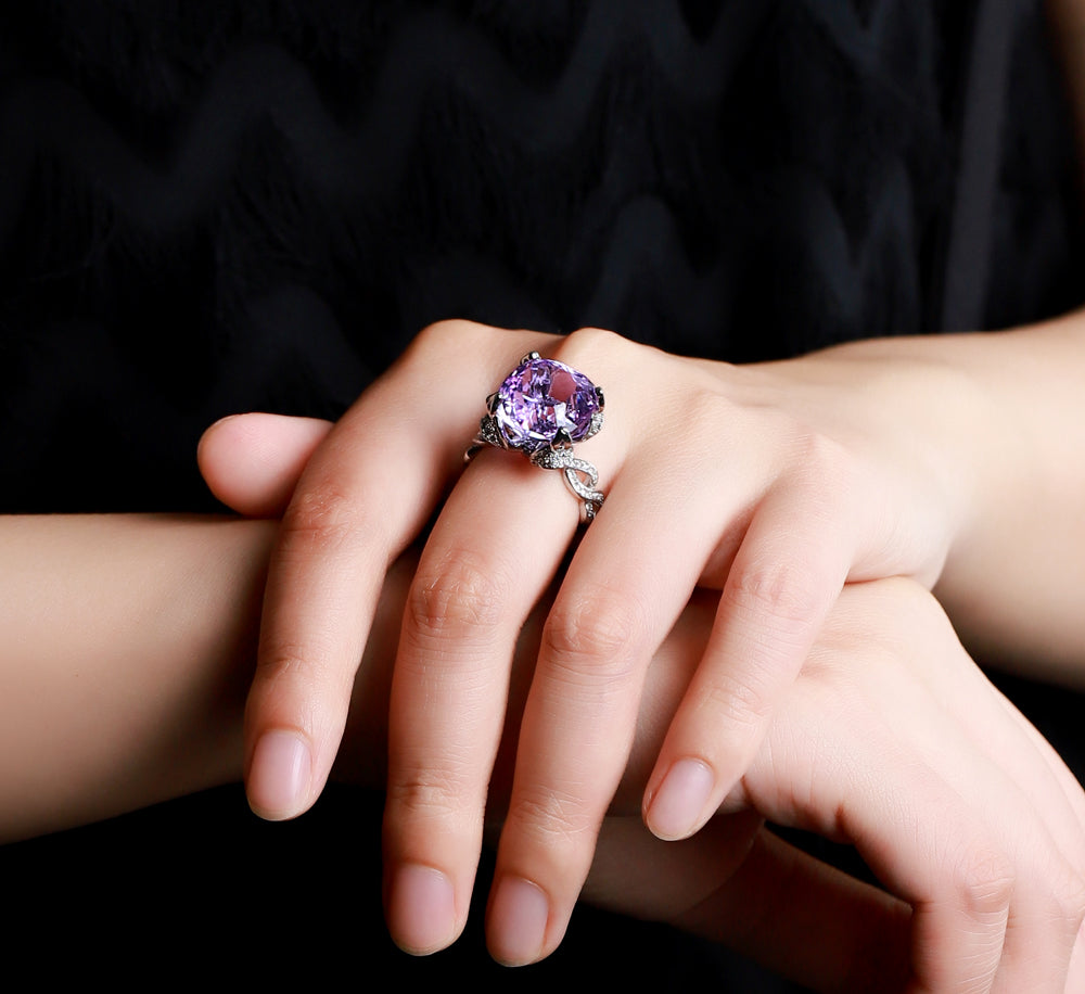 Amethyst large round gemstone vine ring, silver openwork vine band, embellished with white zircon, comes in an exquisite gift box.