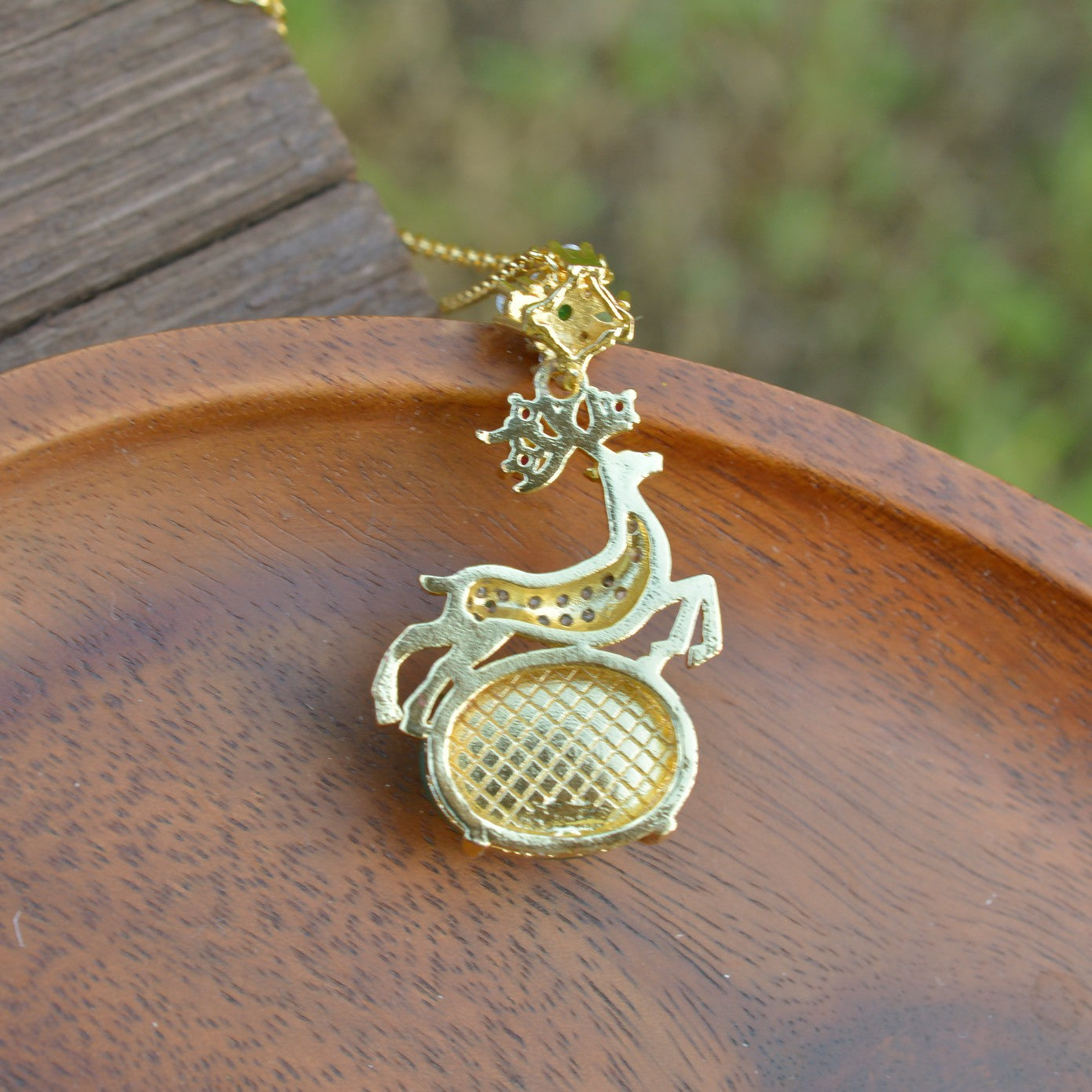 Deer-shaped emerald jade necklace – fully gilded golden deer antlers decorated with red and pink gemstones