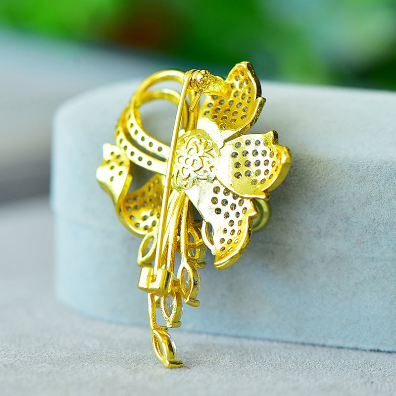 Jadeite Heart Butterfly Flower Brooch | Fully Inlaid Zircon Gold-Plated Tassel Brooch with Exquisite Inlay  Exquisite Gift Box
