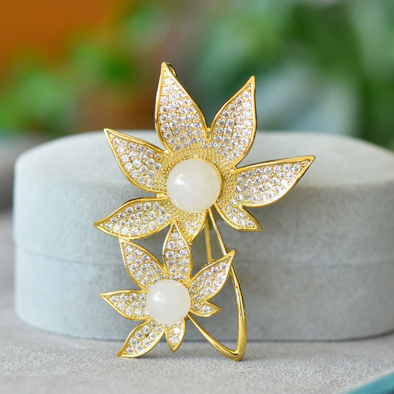 Double Flower Hetian White Jade Brooch | Zircon Inlaid Gold-Plated Lily Corsage Brooch - Suitable for Everyday Wear