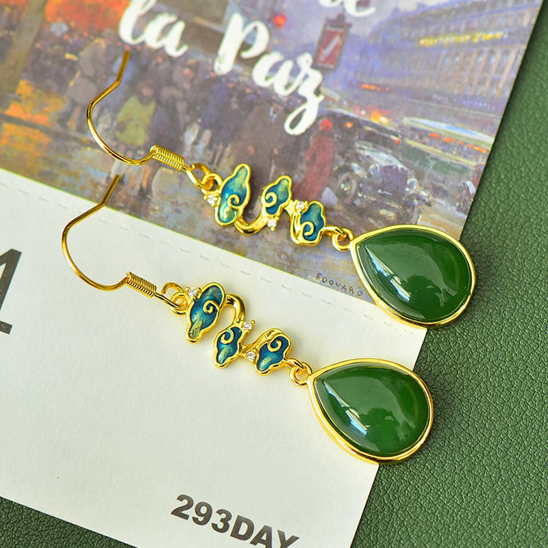 A pair of Hetian jade teardrop enamel auspicious cloud earrings – Classic Chinese style, elegant and lively, bringing good fortune and happiness.