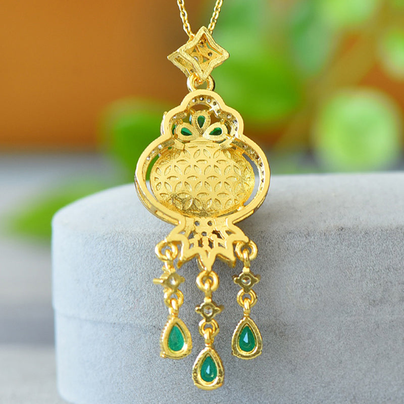 Hetian Jade and Emerald Pendant Necklace with Gold Floral Caps and Triple-Strand Tassels – Luxurious, Flowing, and Lively Tassel Design  Exquisite gift box