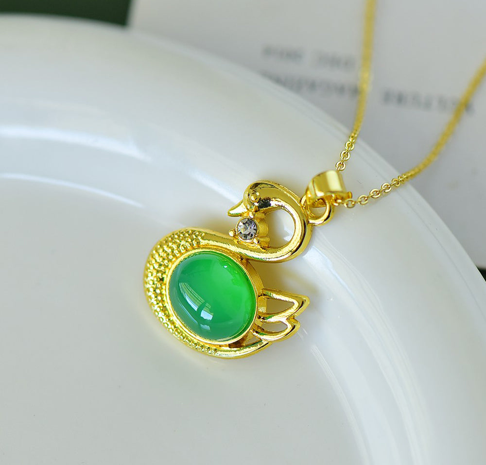 Emerald Jade Necklace in Swan Design – Gold Swan Inlaid with Emerald Jade Accented with White Vanadium, Ideal for Anniversaries and Gifting