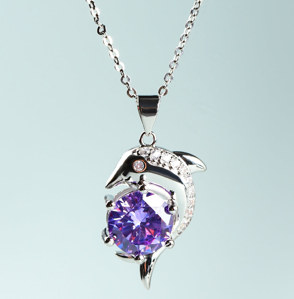 Purple Gemstone Pendant in Dolphin Shape Comes with gift box, ideal for weddings