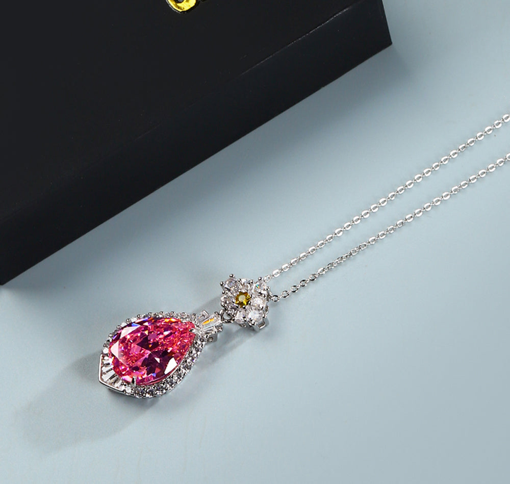 Pink Teardrop Gemstone Necklace – 925 Silver with Zircon Inlaid Floral Design, Vanadite Set Clasp, Exquisite Gift Box