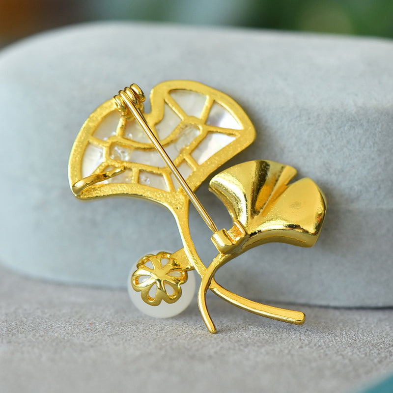 Ginkgo Leaf and Fritillaria Brooch | Natural Hetian White Jade Bead Gilded Ginkgo Corsage - Perfect Gift for Relatives and Friends