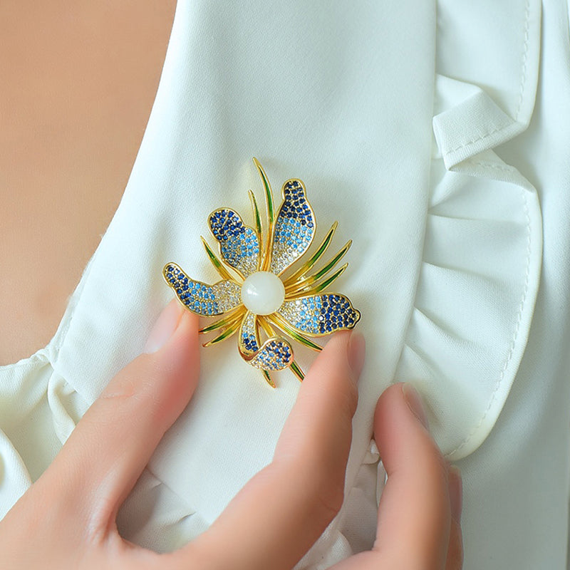 Blue gradient orchid brooch made of Hetian white jade | Full-coverage zircon enamel gold-plated orchid corsage  Exquisite gift box