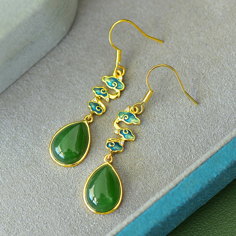A pair of Hetian jade teardrop enamel auspicious cloud earrings – Classic Chinese style, elegant and lively, bringing good fortune and happiness.