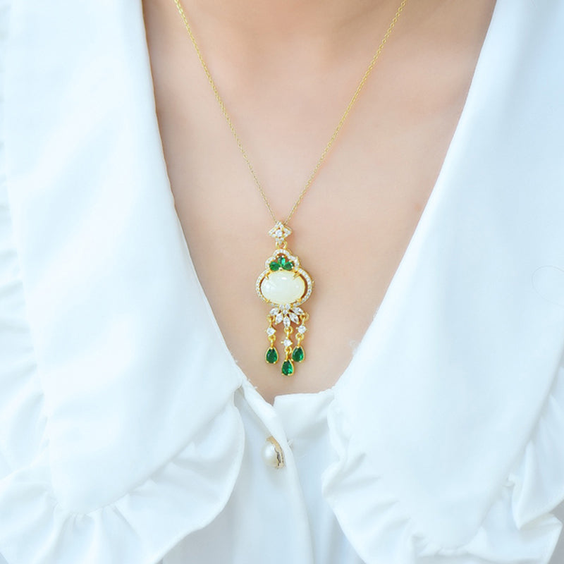 Hetian Jade and Emerald Pendant Necklace with Gold Floral Caps and Triple-Strand Tassels – Luxurious, Flowing, and Lively Tassel Design  Exquisite gift box