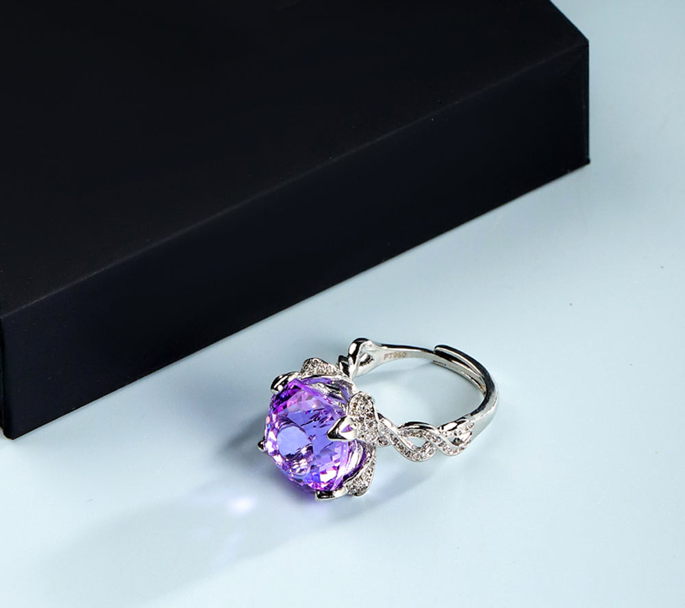 Amethyst large round gemstone vine ring, silver openwork vine band, embellished with white zircon, comes in an exquisite gift box.