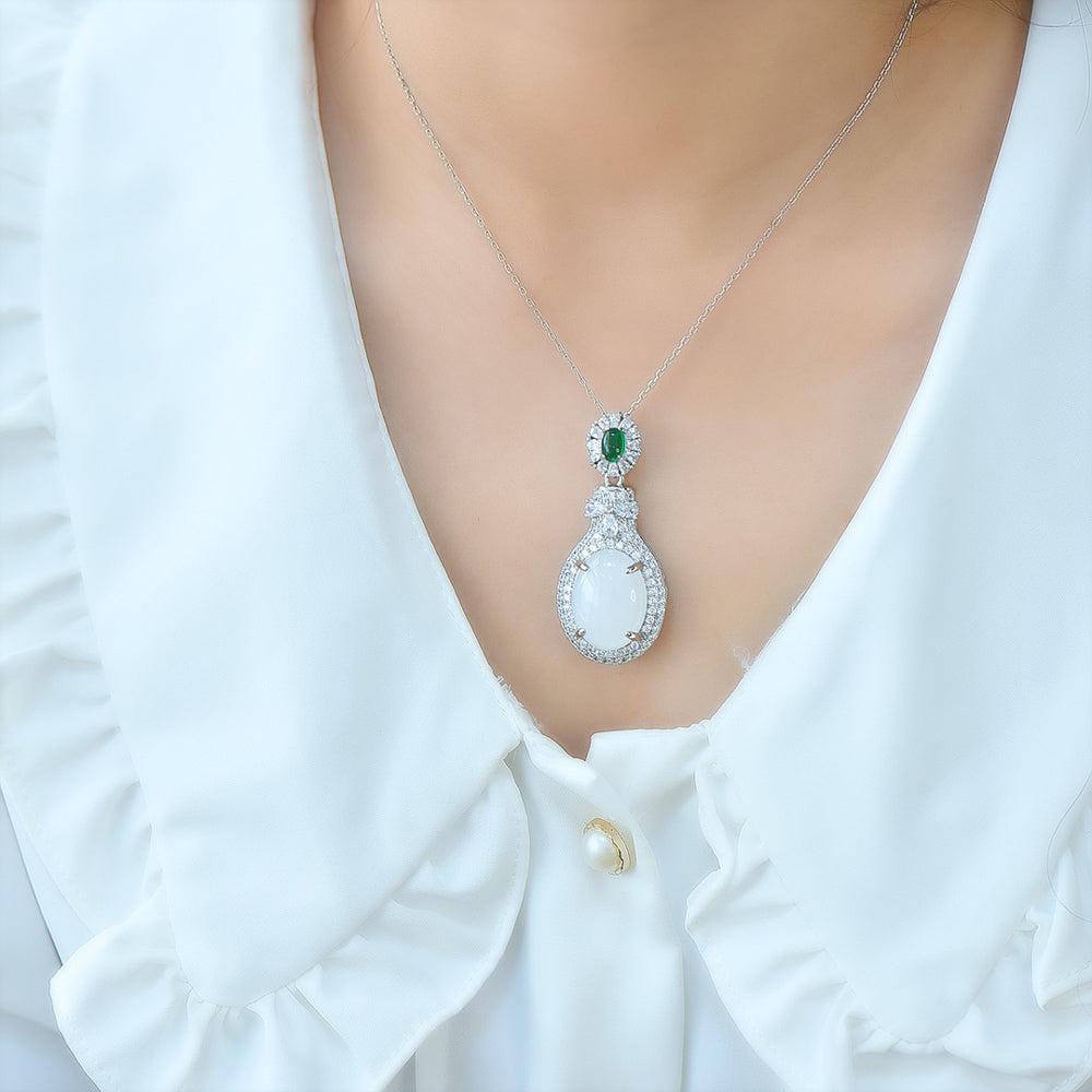 Hetian jade silver teardrop-shaped pendant necklace – double-layered zircon embellishments, elegant and luxurious Comes with an exquisite gift box