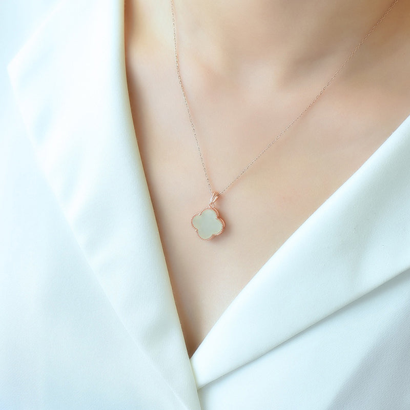 Four-leaf clover rose gold necklace, natural Hetian jade lucky clover pendant necklace, holiday gift and present for relatives and friends.