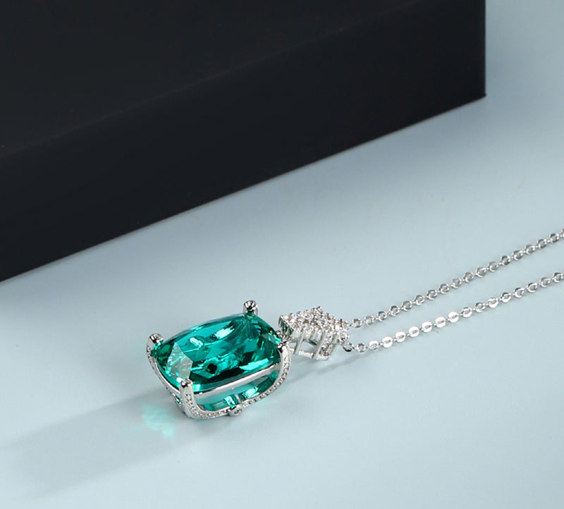 Emerald Cushion Cut Pendant - Set in 925 Sterling Silver