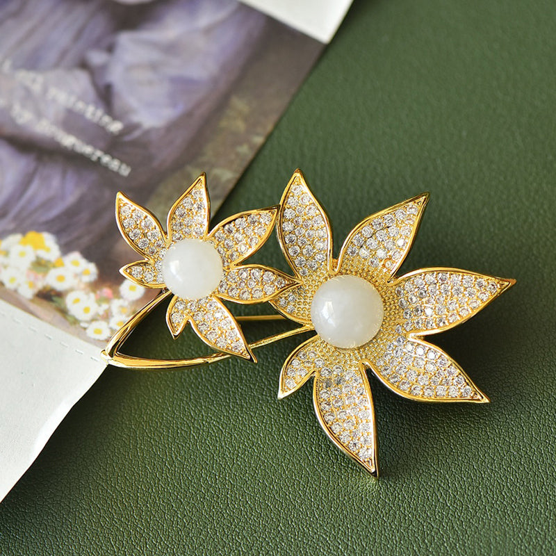 Double Flower Hetian White Jade Brooch | Zircon Inlaid Gold-Plated Lily Corsage Brooch - Suitable for Everyday Wear