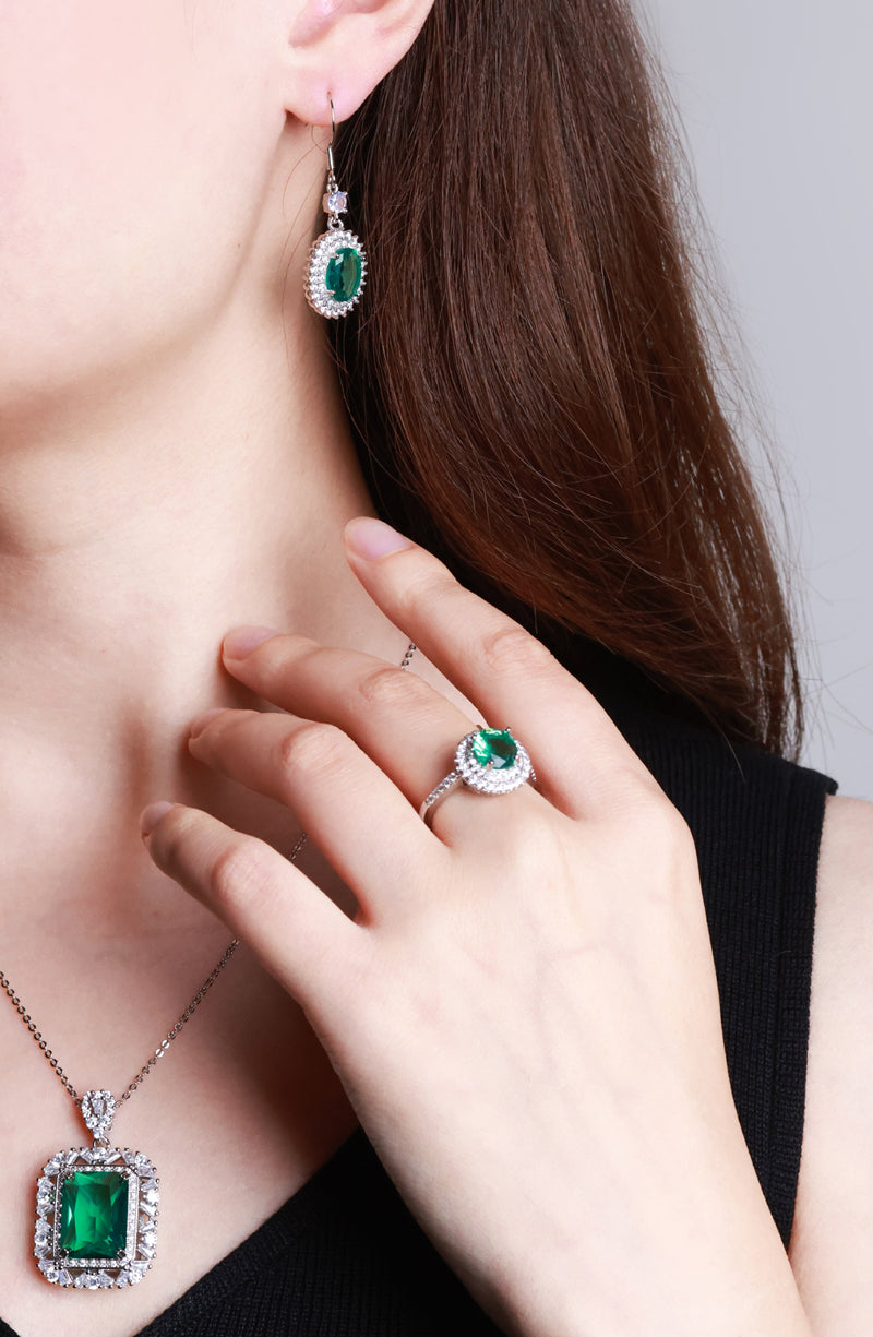 925 Silver Emerald Pendant, Round Ring, Earrings 3 Piece Set, Best Jewellery Gift for Mum and Wife, Comes in a Beautiful Box