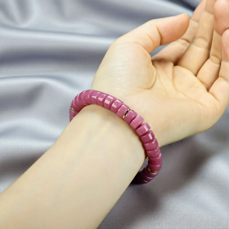 Pink Sugilite Elastic Bracelet featuring Tablet-Shaped Beads and Gold Spacer Rings—Matte Finish, Sweet Girly Style, Gentle and Romantic.