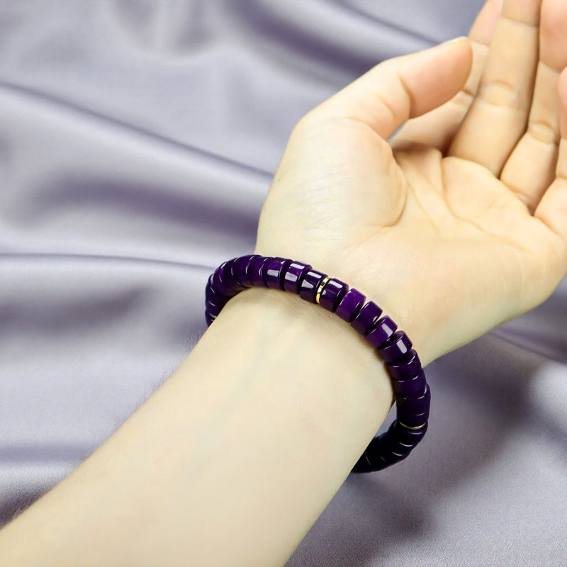 Deep purple Sugilite tablet-shaped bead and gold spacer ring stretch bracelet—exuding a profound, rich, noble, and mysterious aura.