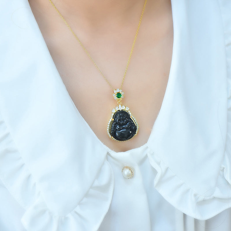 Hetian black jade Maitreya Buddha pendant necklace with gold-set zircon edges – The ever-smiling Maitreya brings peace, blessings, and good fortune.