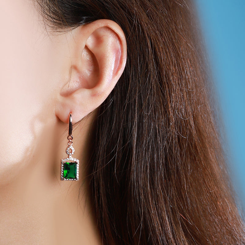 Rose Gold Emerald Square Pendant, Ring, Drop Earrings 3-Piece Set, Best Jewellery Gift for Mum and Wife, Comes in a Wonderful Box