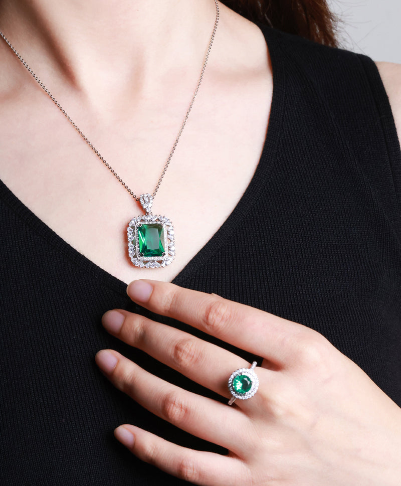 925 Silver Emerald Pendant, Round Ring, Earrings 3 Piece Set, Best Jewellery Gift for Mum and Wife, Comes in a Beautiful Box