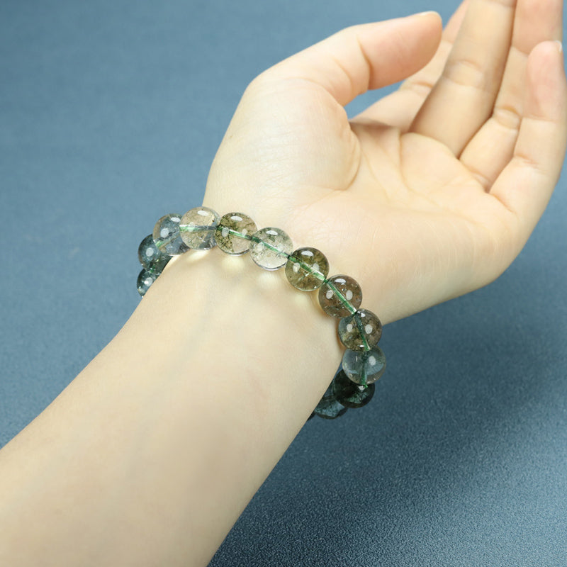 Green Phantom Quartz Natural Crystal Elastic Bracelet, Cloud-like Inclusions, Attracting Wealth and Good Fortune, Mysterious and Dreamy