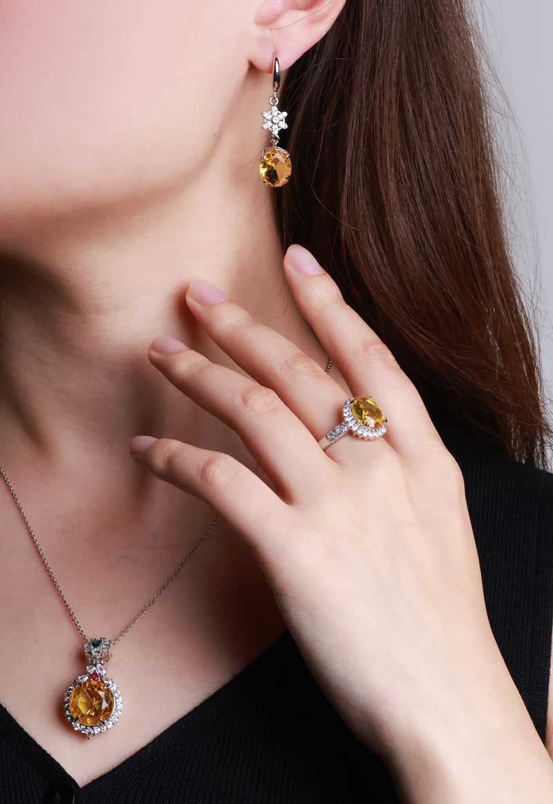 925 Silver Citrine Pendant, Round Ring, 3-Piece Earrings Set, Best Jewellery Gift for Mum and Wife, Comes in a Wonderful Box