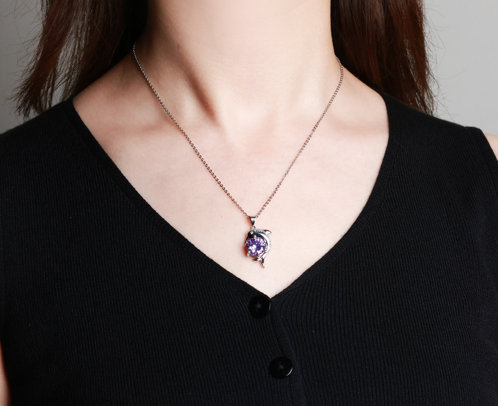 Purple Gemstone Pendant in Dolphin Shape Comes with gift box, ideal for weddings