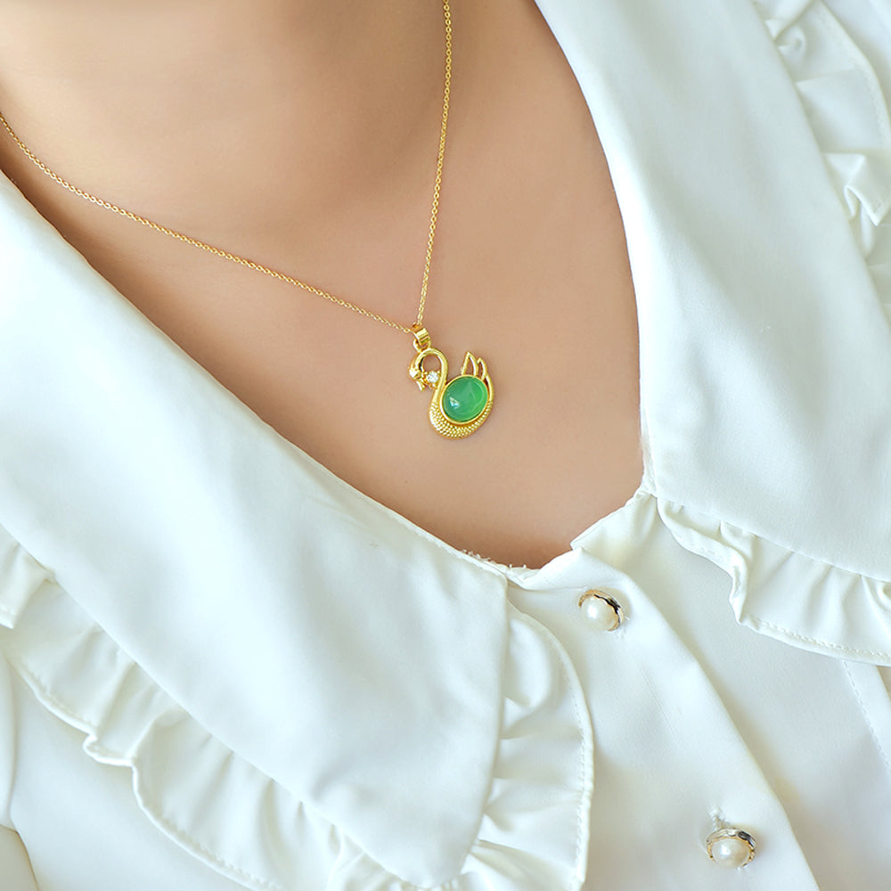 Emerald Jade Necklace in Swan Design – Gold Swan Inlaid with Emerald Jade Accented with White Vanadium, Ideal for Anniversaries and Gifting