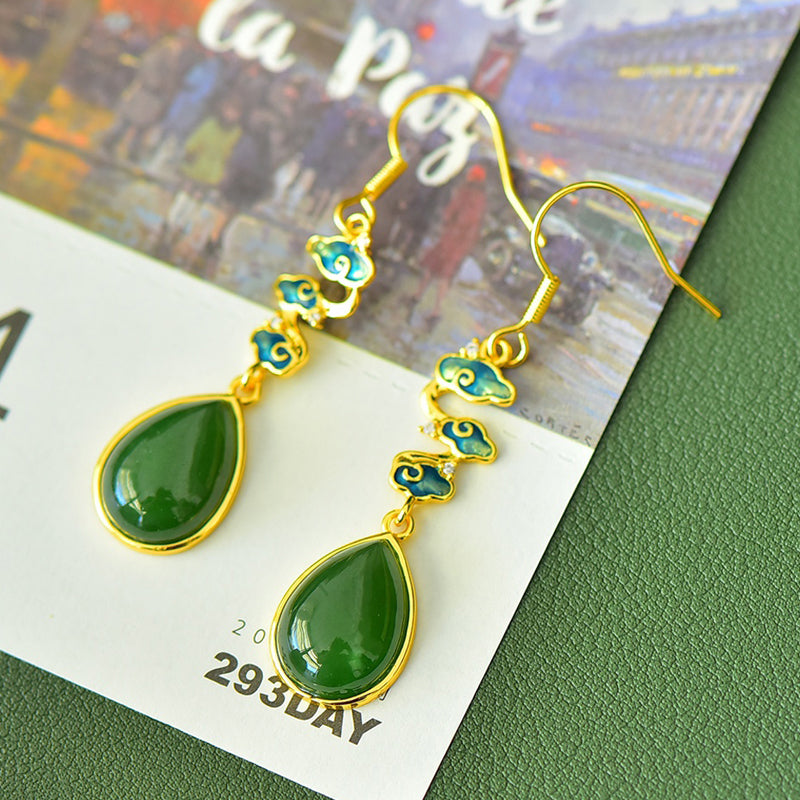 A pair of Hetian jade teardrop enamel auspicious cloud earrings – Classic Chinese style, elegant and lively, bringing good fortune and happiness.