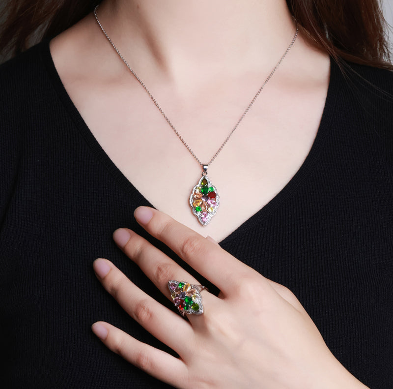 925 Silver Pear-shaped multicoloured gemstone pendant, ring, earrings 3-piece set, the best jewellery gift for mum and wife, comes in a beautiful box