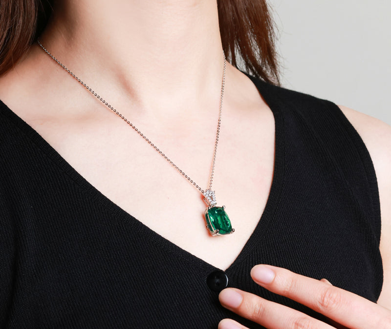 Emerald Cushion Cut Pendant - Set in 925 Sterling Silver