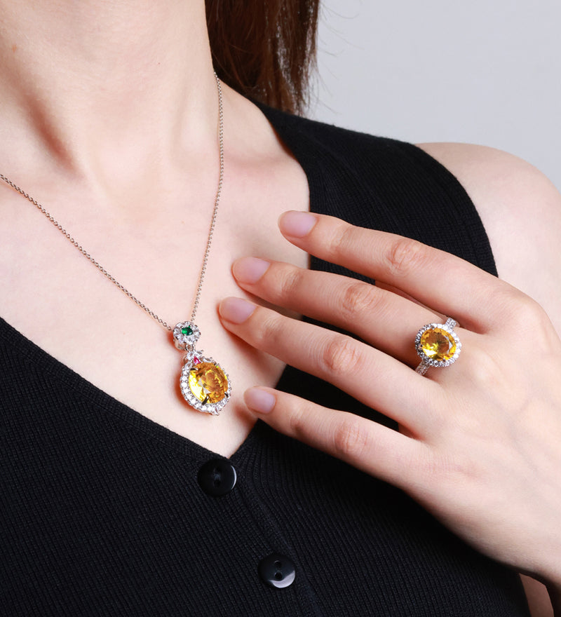 925 Silver Citrine Pendant, Round Ring, 3-Piece Earrings Set, Best Jewellery Gift for Mum and Wife, Comes in a Wonderful Box
