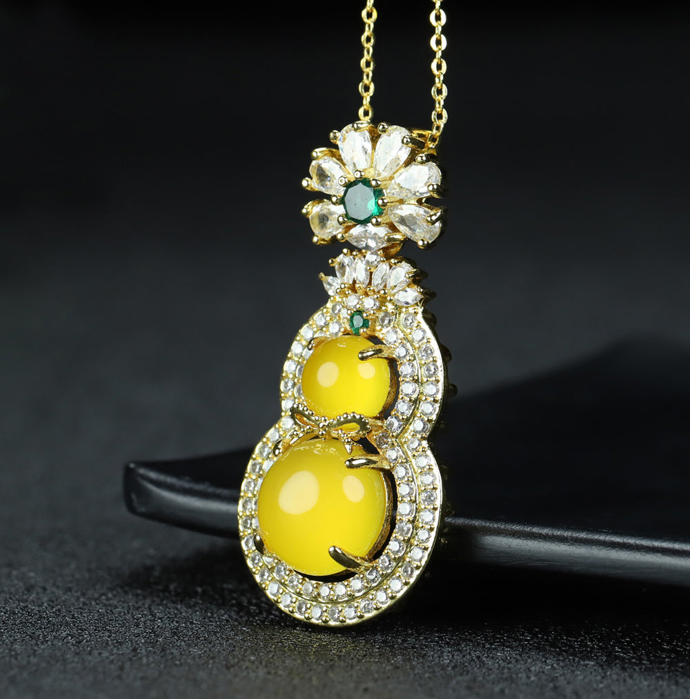 Yellow Agate Gourd Necklace – Accented with Double-Layer Zircon; Symbolizing Abundant Wealth and Double Blessings (Fortune and Longevity)  Exquisite gift box