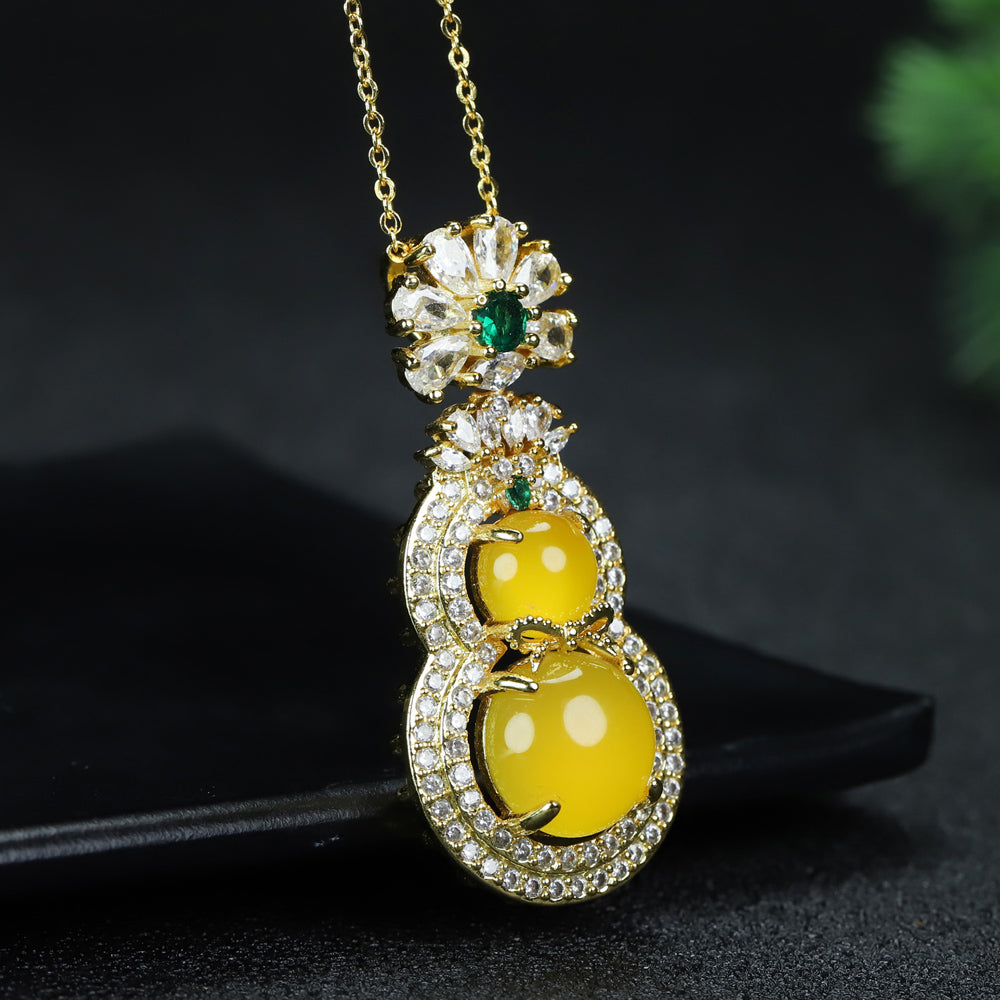 Yellow Agate Gourd Necklace – Accented with Double-Layer Zircon; Symbolizing Abundant Wealth and Double Blessings (Fortune and Longevity)  Exquisite gift box