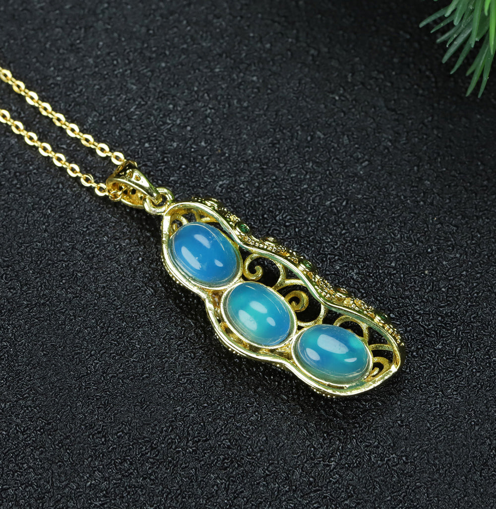 Sky blue chalcedony pendant necklace with three round pea pod beads, clear, fresh, lively, creative, cute, and symbolizing many children and blessings.