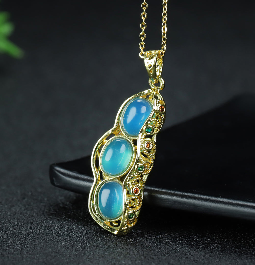 Sky blue chalcedony pendant necklace with three round pea pod beads, clear, fresh, lively, creative, cute, and symbolizing many children and blessings.