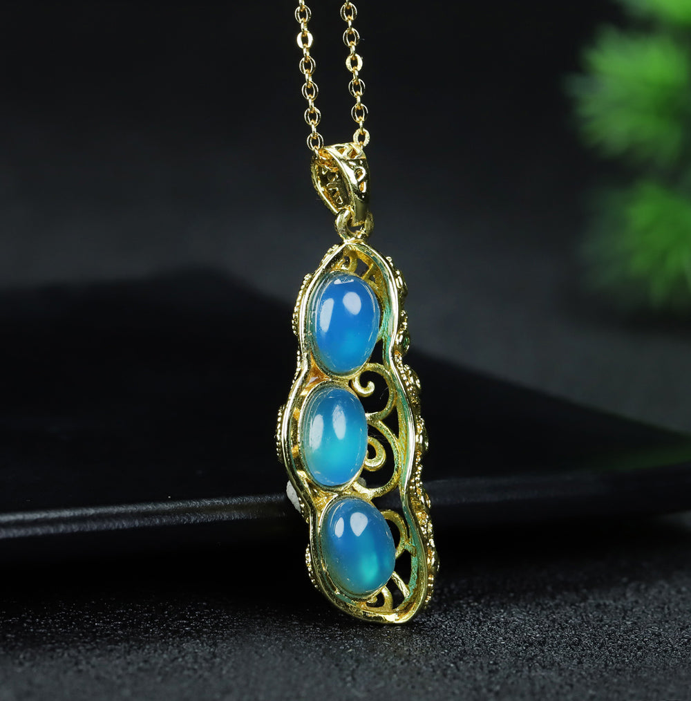 Sky blue chalcedony pendant necklace with three round pea pod beads, clear, fresh, lively, creative, cute, and symbolizing many children and blessings.