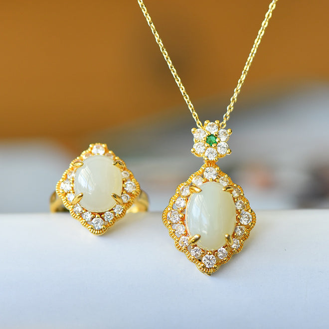 Set Handmade Inlay White Jade Women Lady Wedding Ring Necklace Fashion Jewelry Gift Box