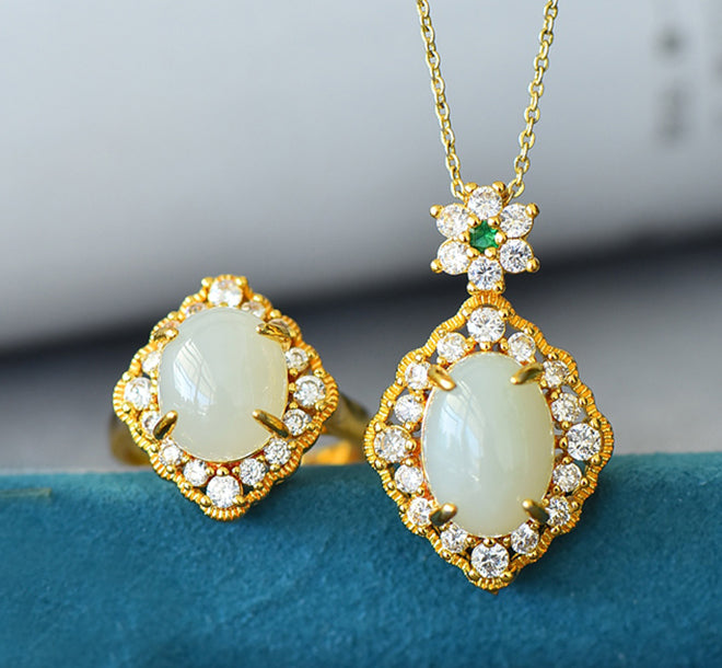 Set Handmade Inlay White Jade Women Lady Wedding Ring Necklace Fashion Jewelry Gift Box