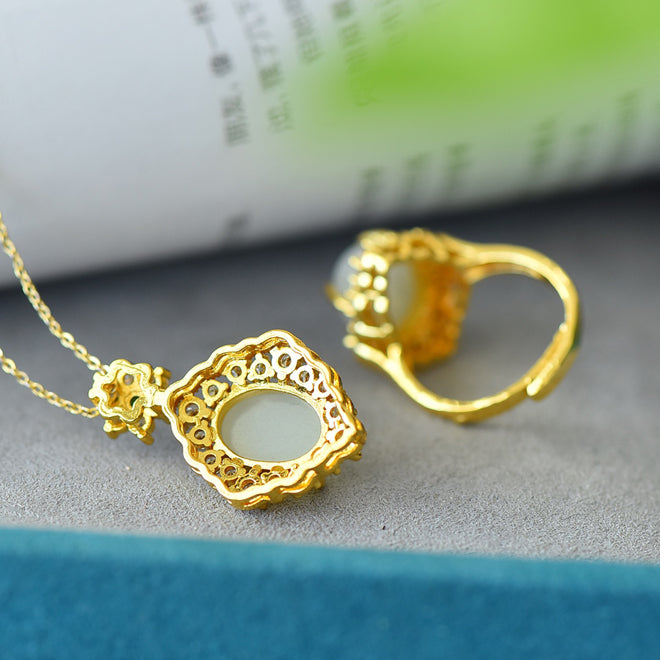 Set Handmade Inlay White Jade Women Lady Wedding Ring Necklace Fashion Jewelry Gift Box