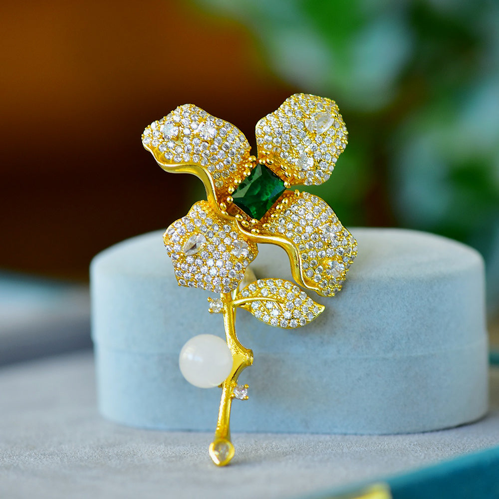 White Jade Grandma Mothers Birthstone Green Gemstone Peony Flower Brooch Pin Fashion Jewelry Gift Box
