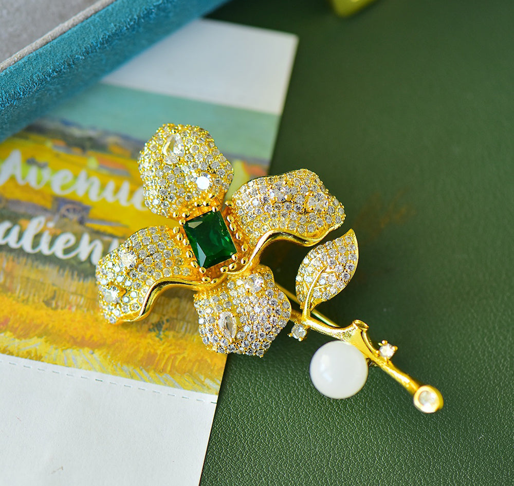 White Jade Grandma Mothers Birthstone Green Gemstone Peony Flower Brooch Pin Fashion Jewelry Gift Box