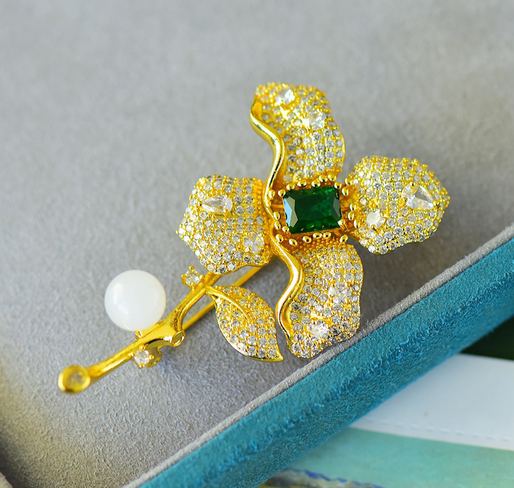 White Jade Grandma Mothers Birthstone Green Gemstone Peony Flower Brooch Pin Fashion Jewelry Gift Box