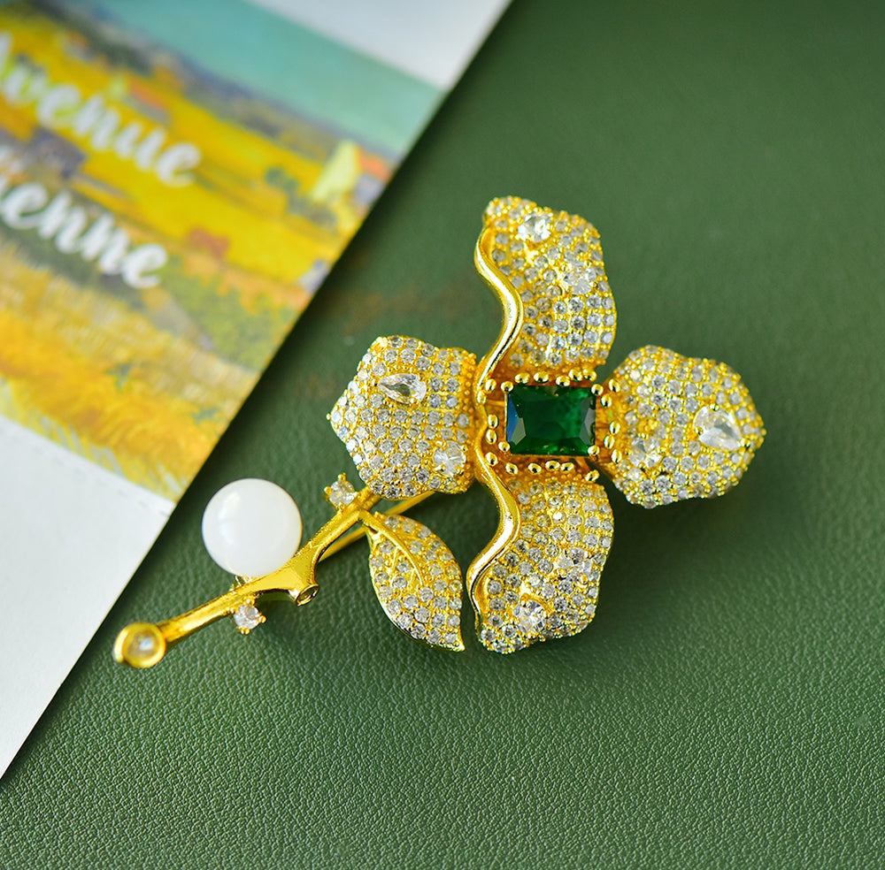 White Jade Grandma Mothers Birthstone Green Gemstone Peony Flower Brooch Pin Fashion Jewelry Gift Box
